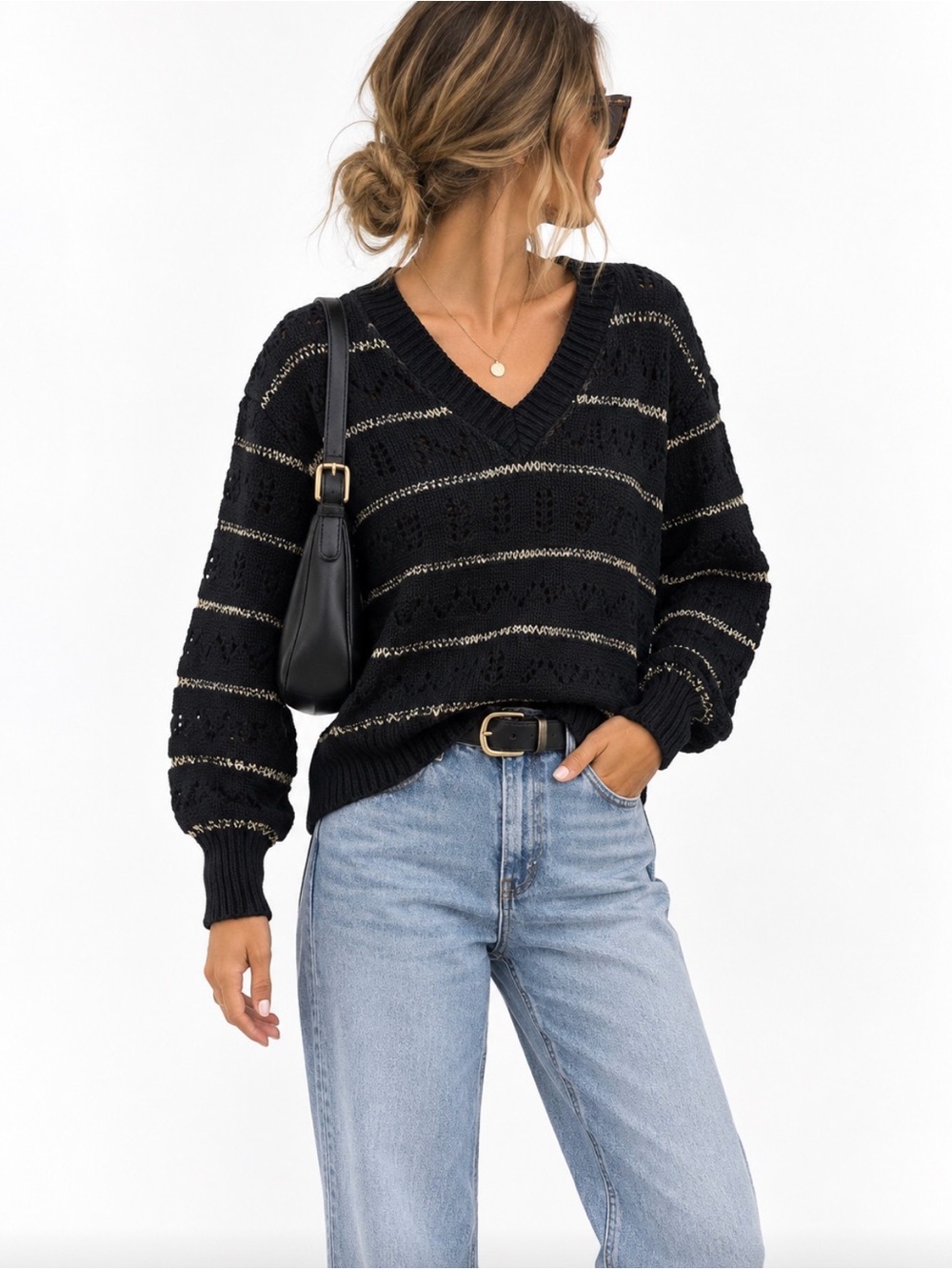 Rochelle V-Neck Knit Sweater Women Size Large Black Knit Metallic Stripes Shirt